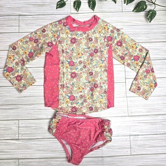 Jessica Simpson Girls 4T Floral Rash Guard Swimsuit Set Long Sleeve Pink Polka - Picture 1 of 7